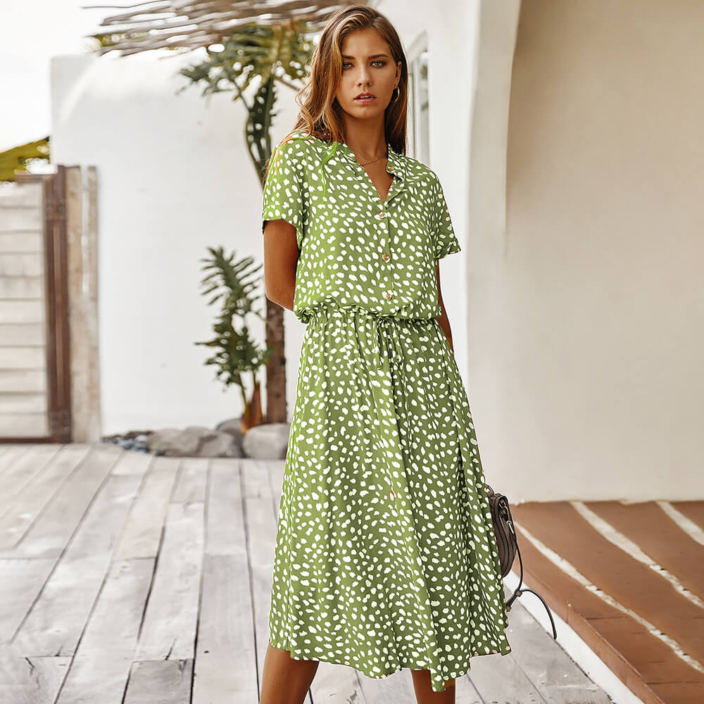 Women's Polka Dot Printed Short Sleeve Midi Dress