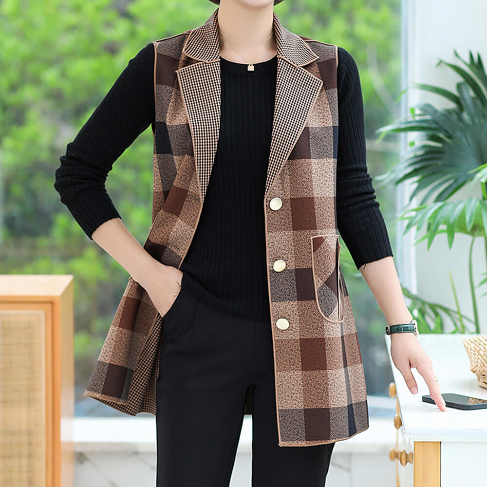 Women's Sleeveless Vest Casual Lapel Plaid Blazer Jacket