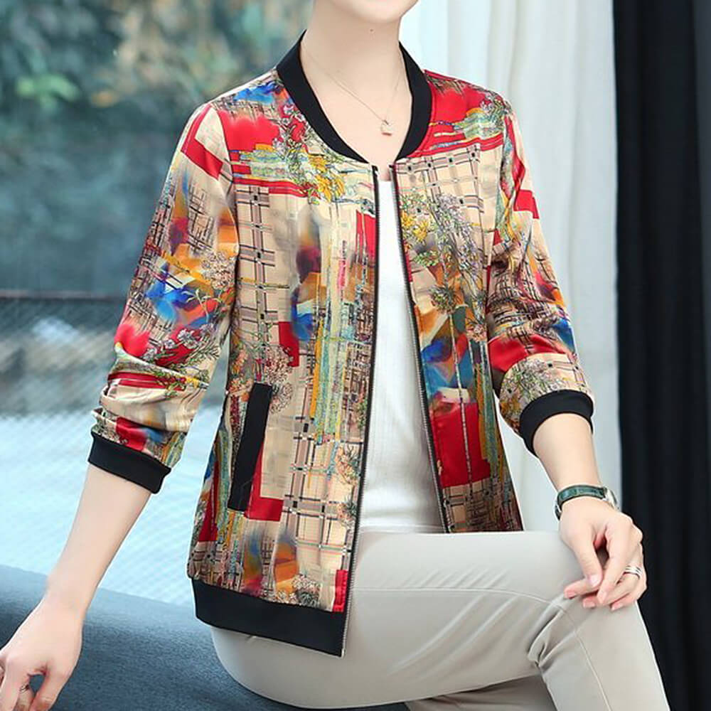 Women's Long Sleeve Floral Print Satin Casual Baseball Bomber Jacket